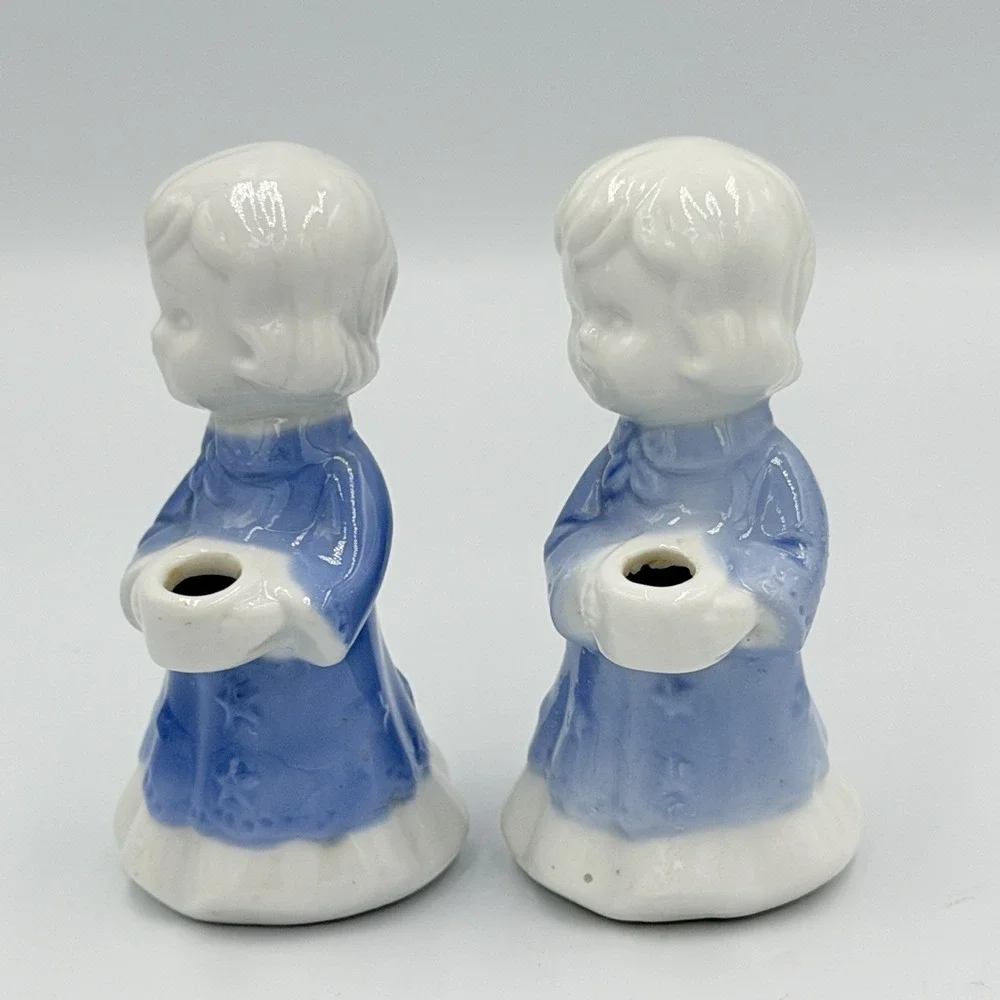 VTG Christmas Caroler Candle Holders Blue White Ceramic Figurines Set of 4